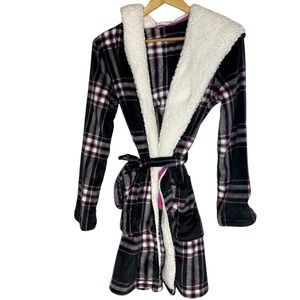 Jenni Intimates Womens XS/S Black Pink Plaid Sherpa Hooded Fleece Robe‎ NEW